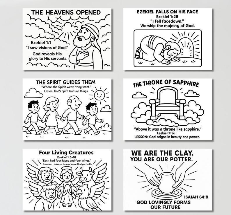May include: Black and white illustrations on cards with Bible verses. The cards feature drawings of people, angels, and objects, with text such as "The Heavens Opened" and "We are the Clay, You are our Potter."