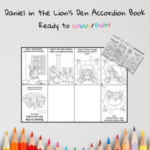 May include: Black and white accordion book titled "Daniel in the Lion's Den," ready to color or paint. The book features illustrations depicting scenes from the biblical story, including Daniel praying and being thrown into a den of lions.