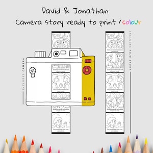 May include: A black and white illustration of a camera with a yellow accent, featuring a story about David and Jonathan. The text on the image reads "Camera story ready to print / colour" and "Includes camera" and "Includes film story".
