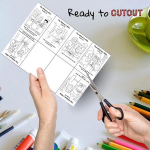 May include: A black and white illustrated print of "The Widow's Mite" from Luke 20, being cut out with scissors. The print features multiple panels with biblical scenes and text. The words "Ready to CUTOUT" are written in black and red.