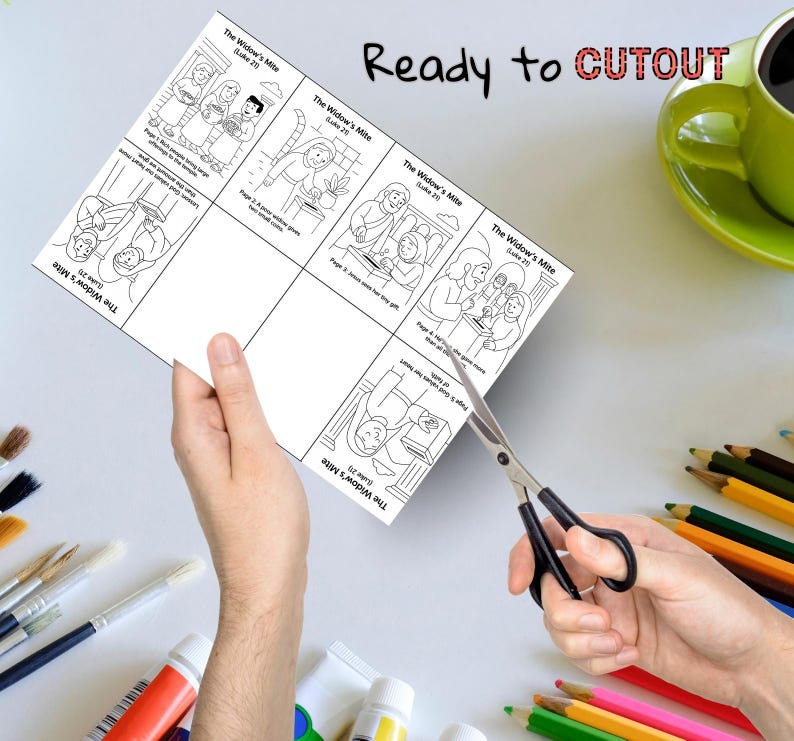 May include: A black and white illustrated print of "The Widow's Mite" from Luke 20, being cut out with scissors. The print features multiple panels with biblical scenes and text. The words "Ready to CUTOUT" are written in black and red.