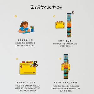 May include: Illustrated instructions for a craft project. The steps include coloring a camera and story roll, cutting them out, folding the camera, and feeding the roll through. Text includes "Instruction", "Color In", "Cut Out", "Fold & Cut", and "Feed Through".