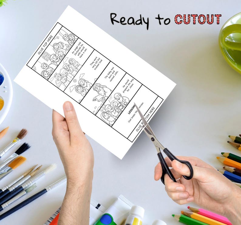 Puede incluir: Un papel blanco con una historia ilustrada en blanco y negro, que se corta con tijeras. El papel tiene el texto "Ready to CUTOUT" y "GLUE TOP HERE". La imagen tambi&eacute;n incluye pinceles, tubos de pintura y l&aacute;pices de colores.