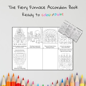 Puede incluir: Un libro acorde&oacute;n titulado "The Fiery Furnace" con ilustraciones listas para colorear o pintar. El libro representa escenas de la historia b&iacute;blica, incluyendo figuras en un horno ardiente. El texto "Ready to colour/Paint" tambi&eacute;n es visible.
