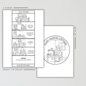 K&ouml;nnte beinhalten: Zweiseitiges, druckfertiges Malbuch mit dem Titel "Paulus schreibt Briefe". Die erste Seite zeigt einen Comic-Strip mit Illustrationen und Text. Die zweite Seite zeigt eine kreisf&ouml;rmige Illustration.