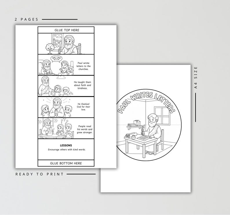 K&ouml;nnte beinhalten: Zweiseitiges, druckfertiges Malbuch mit dem Titel "Paulus schreibt Briefe". Die erste Seite zeigt einen Comic-Strip mit Illustrationen und Text. Die zweite Seite zeigt eine kreisf&ouml;rmige Illustration.