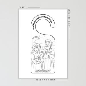 May include: Black and white door hanger with a religious theme. The illustration depicts a family with a baby. Text includes "God keeps promised blessings" and "God gives Elizabeth and Zechariah a miracle son."