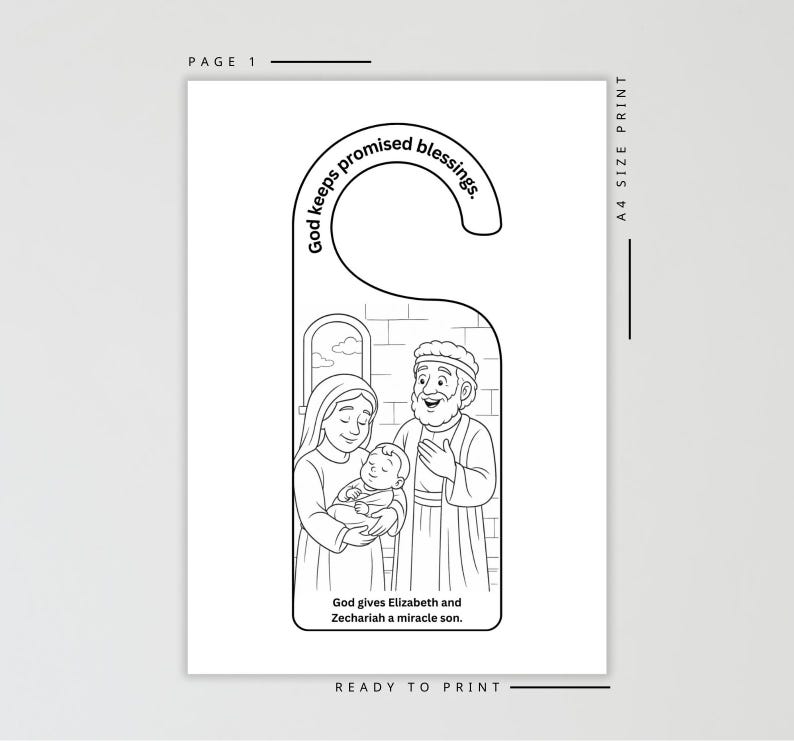 May include: Black and white door hanger with a religious theme. The illustration depicts a family with a baby. Text includes "God keeps promised blessings" and "God gives Elizabeth and Zechariah a miracle son."