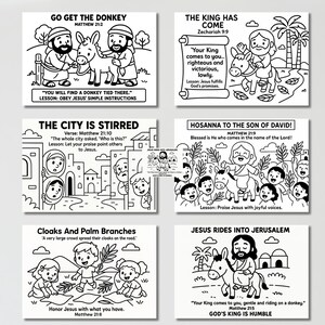 May include: Black and white line art illustrations depicting Bible stories, including Jesus riding a donkey, and scenes with donkeys, people, and text. The illustrations are suitable for coloring and educational purposes.