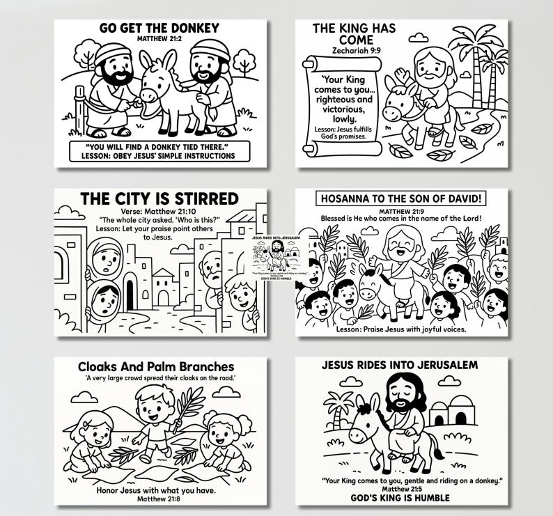 May include: Black and white line art illustrations depicting Bible stories, including Jesus riding a donkey, and scenes with donkeys, people, and text. The illustrations are suitable for coloring and educational purposes.