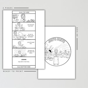 Pu&ograve; includere: Libro da colorare stampabile di due pagine con illustrazioni in bianco e nero. La prima pagina ha un formato a fumetti con testo. La seconda pagina ha un'illustrazione circolare con il testo "Job's Faith". Il testo "Ready to Print" &egrave; in basso.