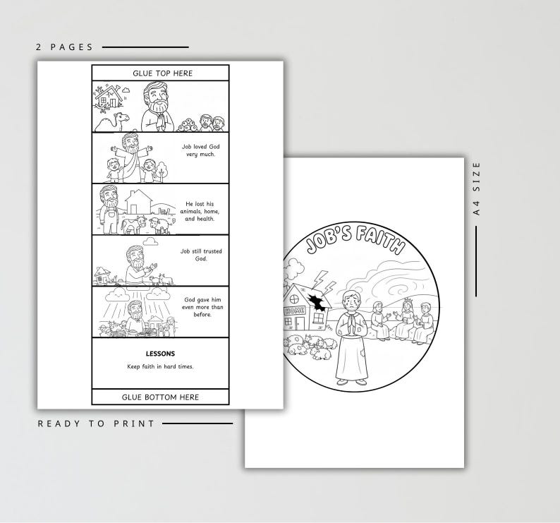 Pu&ograve; includere: Libro da colorare stampabile di due pagine con illustrazioni in bianco e nero. La prima pagina ha un formato a fumetti con testo. La seconda pagina ha un'illustrazione circolare con il testo "Job's Faith". Il testo "Ready to Print" &egrave; in basso.