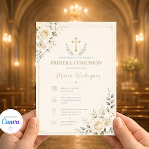May include: A cream-colored invitation card with gold accents, floral illustrations, and text in Spanish. The card includes details for a First Communion, with the name "Maria Rodriguez" and event information.