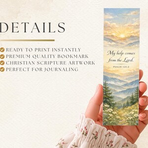 May include: A bookmark featuring a landscape painting with a sunrise over mountains. The text "My help comes from the Lord. Psalm 121:2" is displayed. The image also includes the text "READY TO PRINT INSTANTLY, PREMIUM QUALITY BOOKMARK, CHRISTIAN SCRIPTURE ARTWORK".