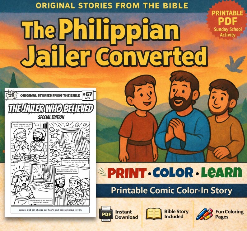 Philippian Jailer Converted Bible Comic Colouring Page for Kids: listing photo