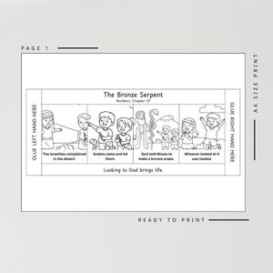 May include: Black and white illustrated page titled "The Bronze Serpent" from Numbers, Chapter 21. The page features a series of panels depicting a biblical story, with text and illustrations of people and snakes. The text includes "Looking to God brings life."