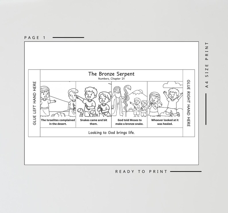 May include: Black and white illustrated page titled "The Bronze Serpent" from Numbers, Chapter 21. The page features a series of panels depicting a biblical story, with text and illustrations of people and snakes. The text includes "Looking to God brings life."