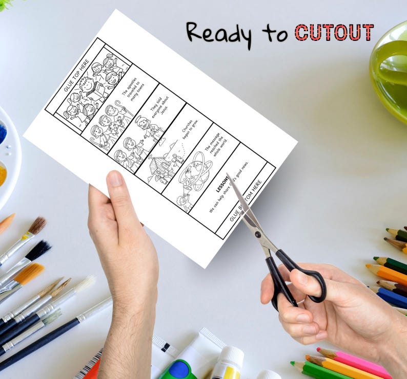 Puede incluir: Una tira c&oacute;mica en blanco y negro con texto, sostenida por manos, que se corta con tijeras. El texto incluye "Ready to CUTOUT" y "GLUE TOP HERE". La tira c&oacute;mica representa escenas con personas y bocadillos de texto.