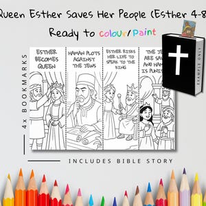 Puede incluir: Un conjunto de cuatro marcadores en blanco y negro con ilustraciones de la historia de la Reina Ester, listos para colorear. El texto incluye "Queen Esther Saves Her People" e "Includes Bible Story". También se muestra un libro negro con una cruz blanca.