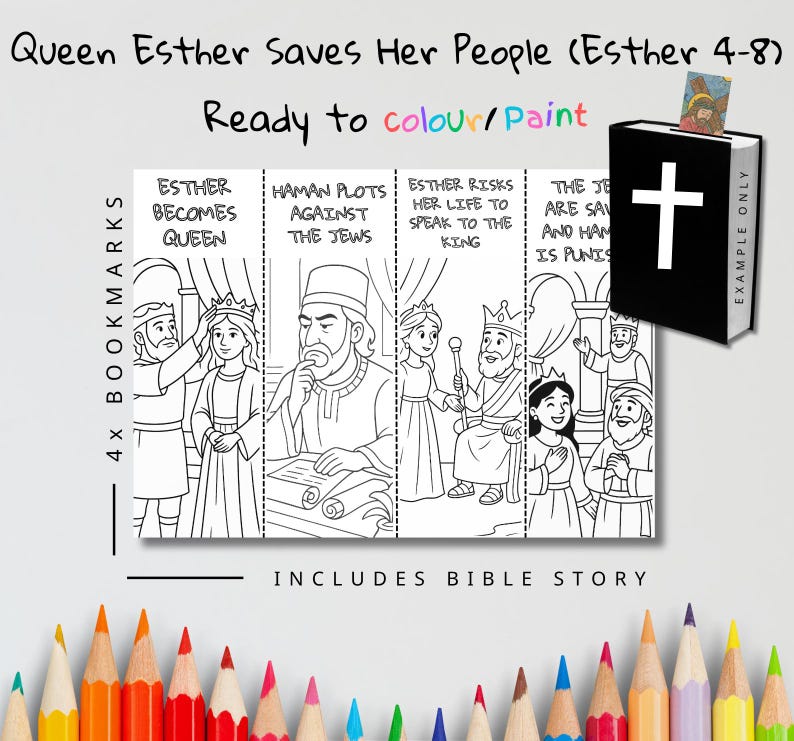 Queen Esther Bible Story Colouring Bookmarks: listing photo