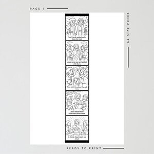 K&ouml;nnte beinhalten: Schwarz-wei&szlig; illustrierter Comic-Strip mit Text. Der Strip zeigt eine religi&ouml;se Geschichte mit mehreren Panels. Der Text enth&auml;lt S&auml;tze wie "Zwei Freunde gingen traurig die Stra&szlig;e entlang" und "Jesus half ihnen, Gottes Wort zu verstehen."