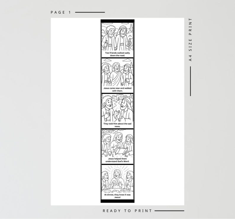 K&ouml;nnte beinhalten: Schwarz-wei&szlig; illustrierter Comic-Strip mit Text. Der Strip zeigt eine religi&ouml;se Geschichte mit mehreren Panels. Der Text enth&auml;lt S&auml;tze wie "Zwei Freunde gingen traurig die Stra&szlig;e entlang" und "Jesus half ihnen, Gottes Wort zu verstehen."