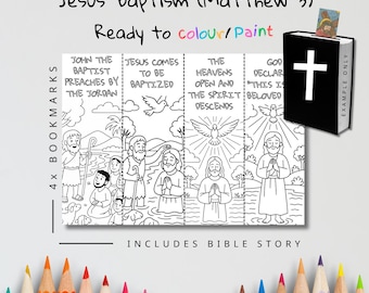 Jesus’ Baptism Bookmark Set (4 Bookmarks) | Bible Story Coloring Page for Kids | Christian Sunday School Printable