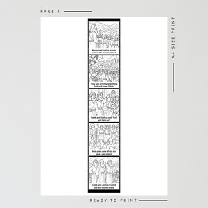 May include: Black and white illustrated print with text. The print features a series of panels depicting a biblical story, including Moses, explorers, and the phrase "Caleb and Joshua trusted God and stayed brave." The words "READY TO PRINT" are at the bottom.