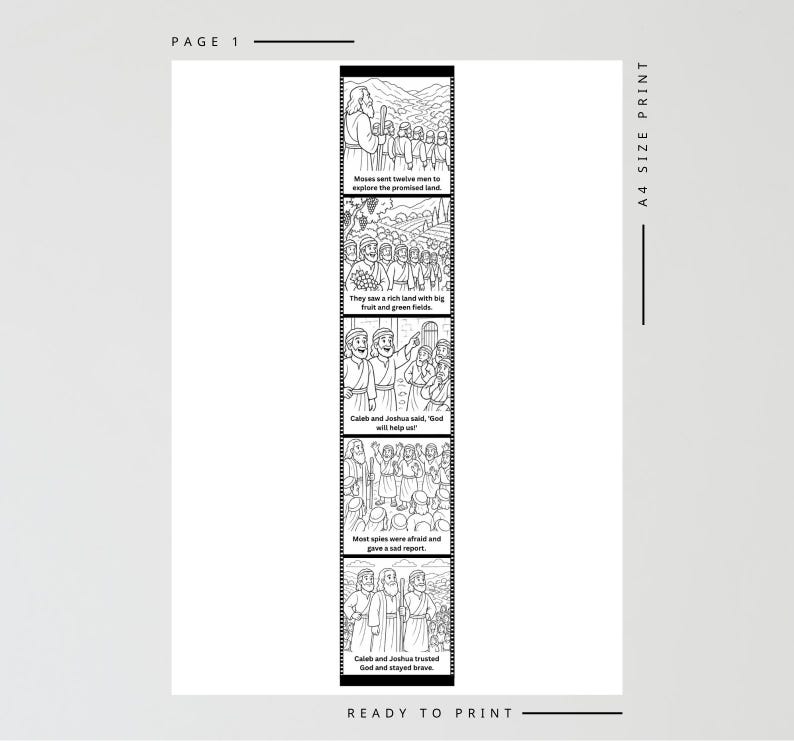 May include: Black and white illustrated print with text. The print features a series of panels depicting a biblical story, including Moses, explorers, and the phrase "Caleb and Joshua trusted God and stayed brave." The words "READY TO PRINT" are at the bottom.