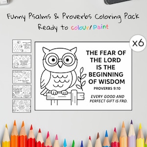 Può includere: Un pacchetto da colorare con il testo "Funny Psalms & Proverbs Coloring Pack" e "Ready to colour/Paint". L'immagine principale mostra un gufo in bianco e nero con gli occhiali e il testo "The fear of the Lord is the beginning of wisdom".