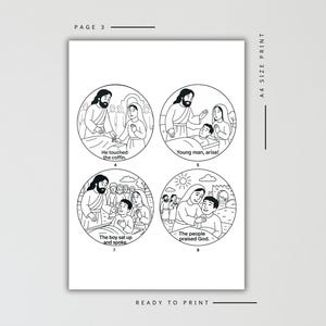 Puede incluir: Impresi&oacute;n en tama&ntilde;o A4 con ilustraciones en blanco y negro dentro de c&iacute;rculos. Las ilustraciones representan escenas b&iacute;blicas con textos como "Toc&oacute; el ata&uacute;d" y "&iexcl;Joven, lev&aacute;ntate!". La p&aacute;gina est&aacute; etiquetada como "P&Aacute;GINA 3" y marcada como "LISTO PARA IMPRIMIR".