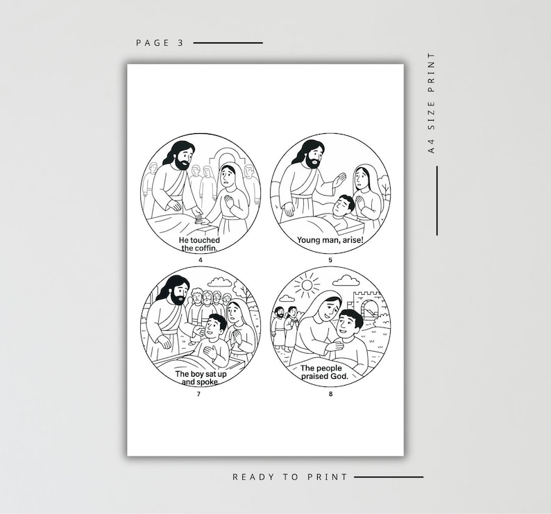 Puede incluir: Impresi&oacute;n en tama&ntilde;o A4 con ilustraciones en blanco y negro dentro de c&iacute;rculos. Las ilustraciones representan escenas b&iacute;blicas con textos como "Toc&oacute; el ata&uacute;d" y "&iexcl;Joven, lev&aacute;ntate!". La p&aacute;gina est&aacute; etiquetada como "P&Aacute;GINA 3" y marcada como "LISTO PARA IMPRIMIR".