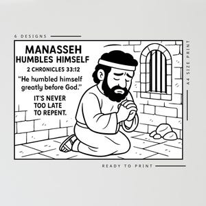 K&ouml;nnte beinhalten: Schwarz-Wei&szlig;-Illustration eines Mannes, der kniend betet, mit dem Text "MANASSEH HUMBLES HIMSELF" und einem Bibelvers. Das Bild ist mit "READY TO PRINT" und "A4 SIZE PRINT" beschriftet.