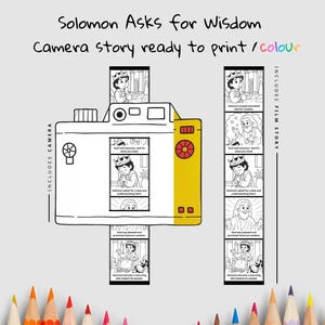 May include: A black and white illustration of a camera with a yellow side, featuring a film strip with images and text. The text reads "Solomon Asks for Wisdom" and "Camera story ready to print / colour". Includes film story.