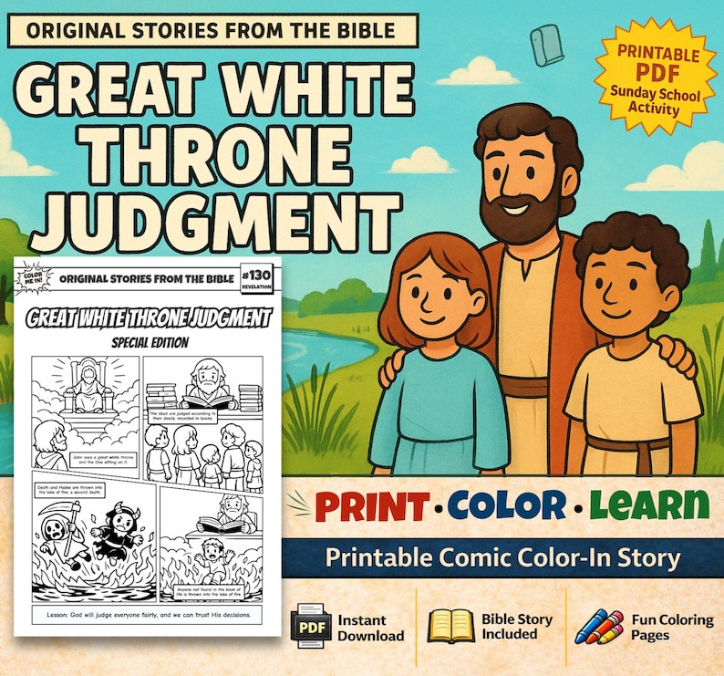 Great White Throne Judgment Bible Comic Colouring Page for Kids: listing photo