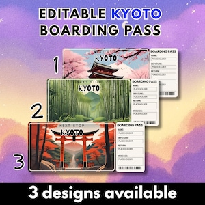 Kyoto, Japan druckbare Überraschungsreise Bordkarte | Bearbeitbares Reisegeschenkticket