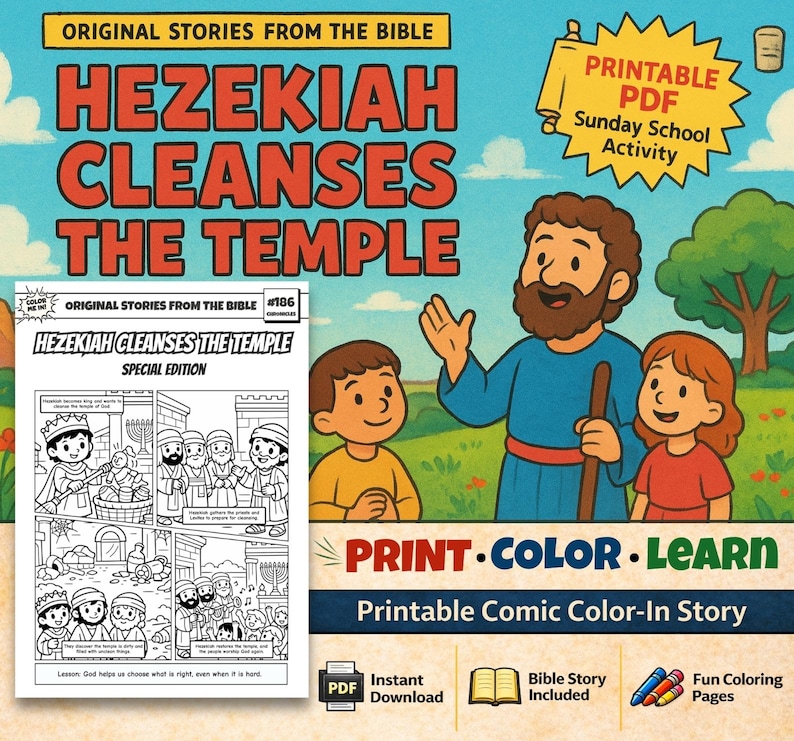 Hezekiah Cleanses the Temple Bible Comic Colouring Page for Kids: listing photo
