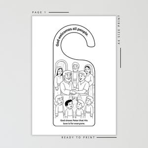 May include: Black and white door hanger with a drawing of people and the text "God welcomes all people." The image includes the text "God shows Peter that His love is for everyone." and "READY TO PRINT."