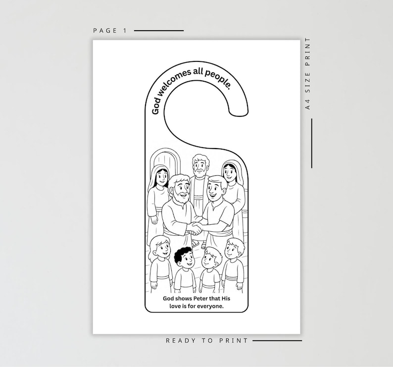 May include: Black and white door hanger with a drawing of people and the text "God welcomes all people." The image includes the text "God shows Peter that His love is for everyone." and "READY TO PRINT."