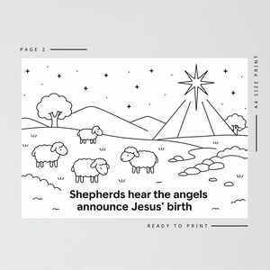 May include: Black and white line art illustration of a nativity scene with sheep, a star, and text that reads "Shepherds hear the angels announce Jesus' birth." The image is labeled "Page 2" and "Ready to Print."