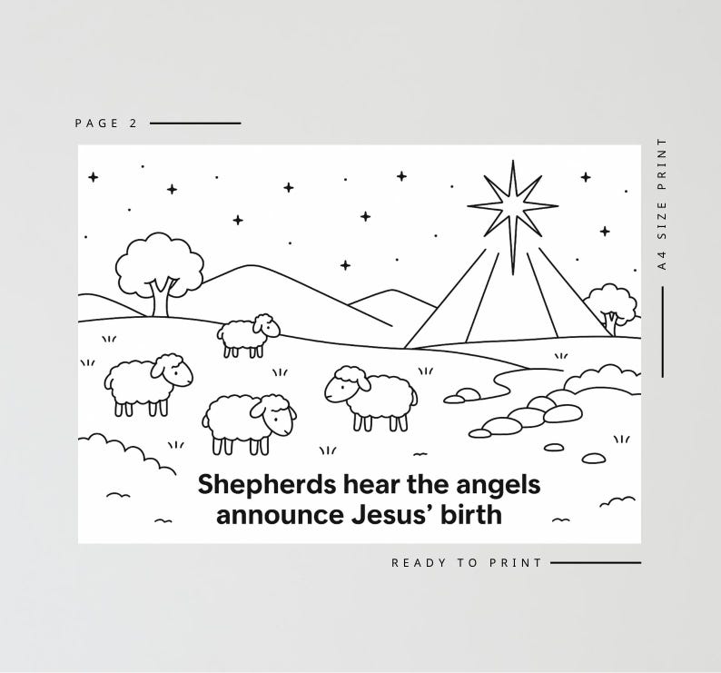 May include: Black and white line art illustration of a nativity scene with sheep, a star, and text that reads "Shepherds hear the angels announce Jesus' birth." The image is labeled "Page 2" and "Ready to Print."