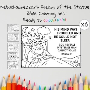 May include: A Bible coloring set titled "Nebuchadnezzar's Dream of the Statue." The image shows a black and white illustration of a king in bed, with text that reads "His mind was troubled and he could not sleep." Includes six coloring pages and colored pencils.