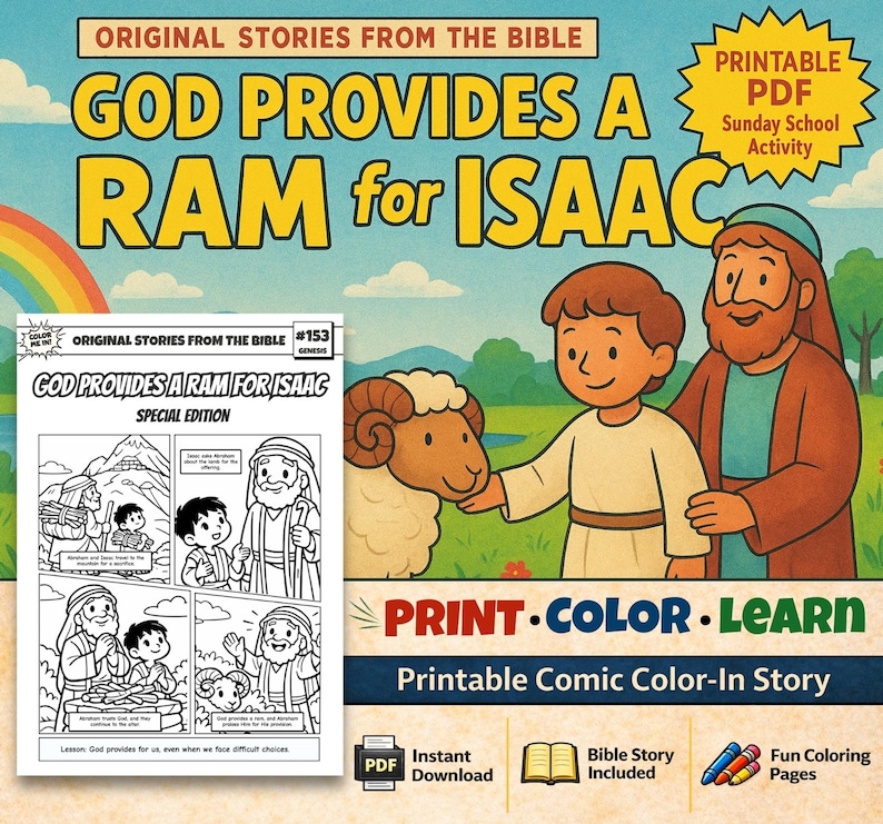 God Provide a Ram for Isaac Bible Comic Colouring Page for Kids: listing photo