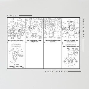 May include: Black and white illustrated printable sheet titled "The Lost Sheep" with panels depicting a shepherd and sheep. Text includes "A shepherd has 100 sheep" and "He finds the sheep and carries it home."