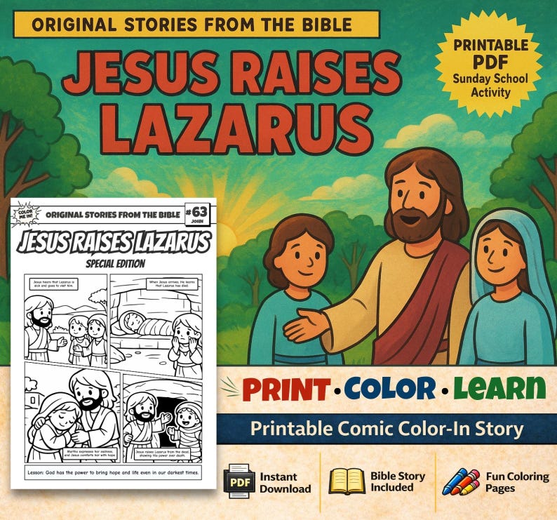 Jesus Raises Lazarus Bible Comic Colouring Page: listing photo