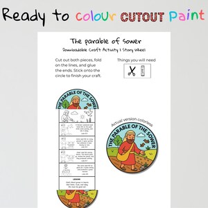 Op de afbeelding: Een afdrukbaar knutselactiviteitenblad getiteld "De gelijkenis van de zaaier". Het blad bevat instructies, een verhalenwiel en een in te kleuren versie van het verhaal. De tekst "Ready to colour CUTOUT Paint" staat bovenaan.