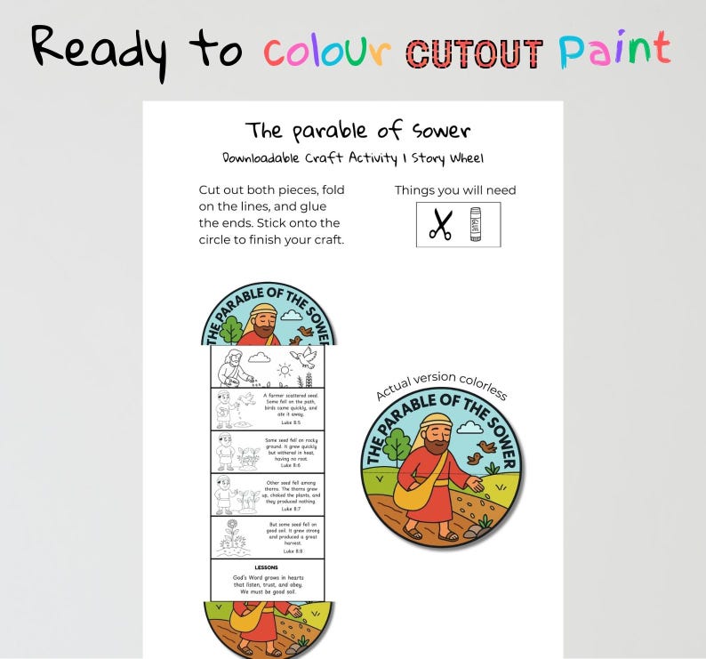 Parable of the Sower Bible Colouring Craft: listing photo