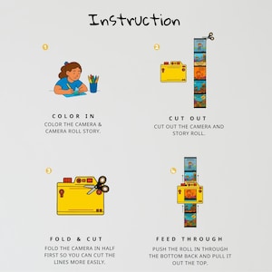 May include: Illustrated instructions for a craft project. The steps include coloring a camera and story roll, cutting them out, folding the camera, and feeding the roll through. Text includes "Instruction", "Color In", "Cut Out", "Fold & Cut", and "Feed Through".