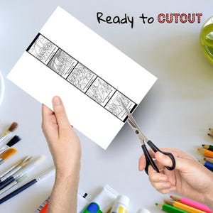 Puede incluir: Una hoja de papel blanca con una tira ilustrada en blanco y negro est&aacute; siendo cortada con tijeras. La tira contiene varios paneles con dibujos de personas. El texto "Ready to CUTOUT" est&aacute; escrito en la parte superior.