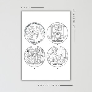 May include: An A4 size print featuring four circular black and white line art illustrations depicting the story of Josiah. The panels include text: Josiah Finds the Book of the Law, 2 Kings 22-23, Josiah became king at eight years old, Josiah ordered the temple repaired, and A priest found the Book of the Law.
